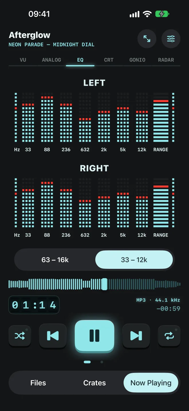 Every band, left and right. Dot-matrix spectrum with peak hold.