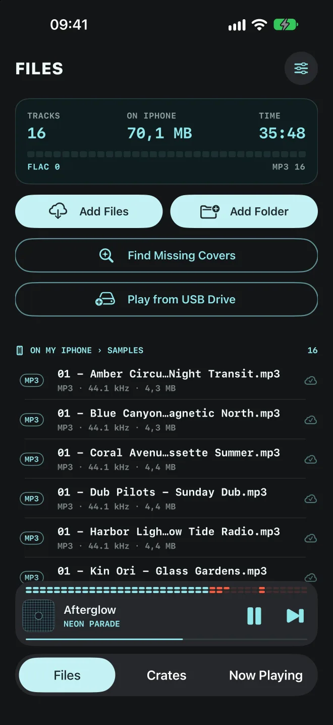 Offline. From iCloud Drive or USB-C. MP3, FLAC, hi-res. No account, no tracking.